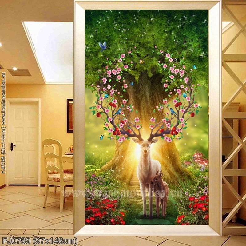 (FJ0789) Tranh thêu kín Hươu Nai Tài Lộc Phát tài kích thước lớn 97x148 cm