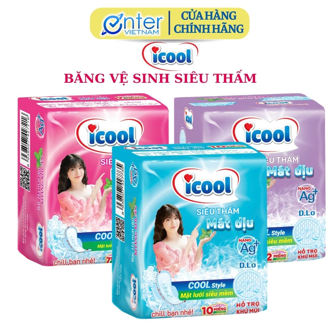 [Hàng Chính Hãng] Băng vệ sinh ICOOL Hồng Siêu Thấm mới, BVS ban ngày 24cm, có cánh, mặt lưới mềm, bạc hà mát dịu.