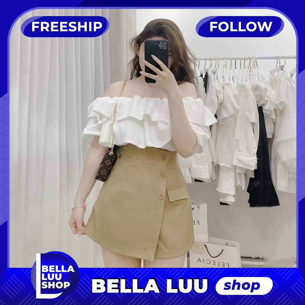 Sét bộ đùi giả váy và áo nhún 2 bèo trễ vai xinh xắn dễ thương thời trang Bella Luu Shop