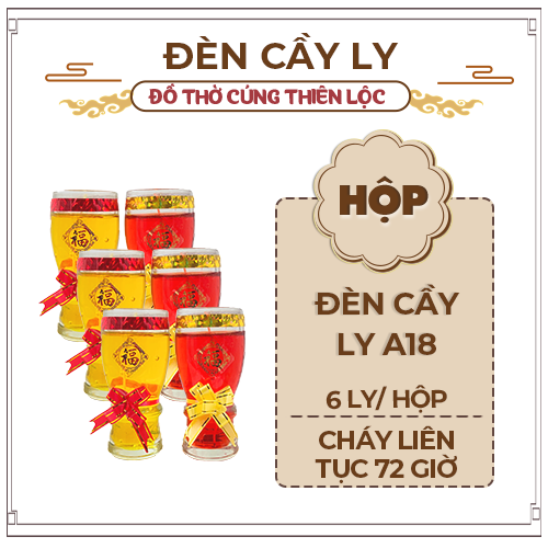 Đèn Cầy Ly Cúng A18L Nơ Vàng, Đỏ Cao 14cm Cháy Liên Tục Hơn 2 Ngày Đồ Thờ Cúng Thiên Lộc - Hộp 6 Ly