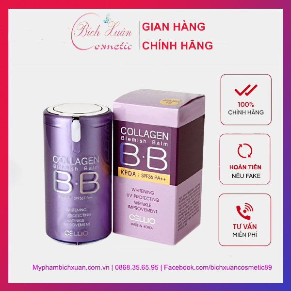 Kem nền trang điểm BB Cellio Collagen Hàn Quốc che khuyết điểm, siêu mịn Tone 21