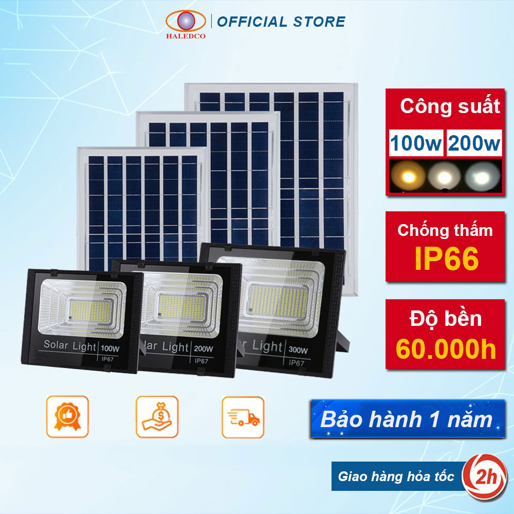 Đèn năng lượng mặt trời sân vườn, đèn pha led chống nước công suất 100w, 200w haledco bảo hành 12 tháng