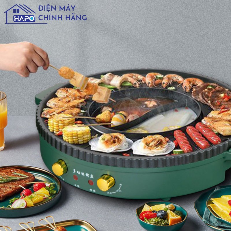 Nồi lẩu nướng đa năng hapo 2 trong 1 cao cấp, bếp lẩu nướng đa năng 2 trong 1 chống dính - bảo hành 12 tháng