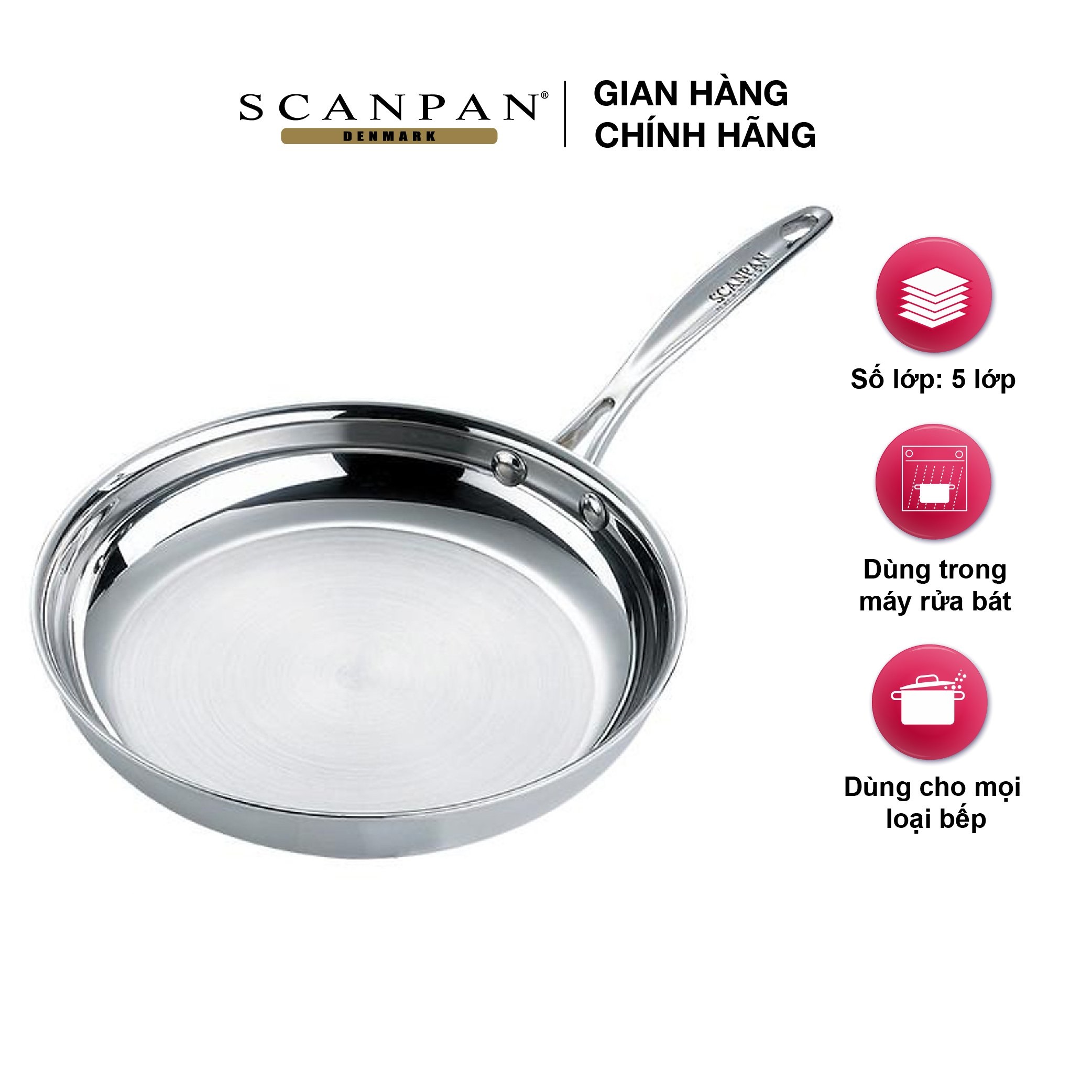 Chảo inox đáy từ Scanpan Fusion 28cm 74002800, thiết kế 5 lớp đúc liền, dùng an toàn cho máy rửa bát