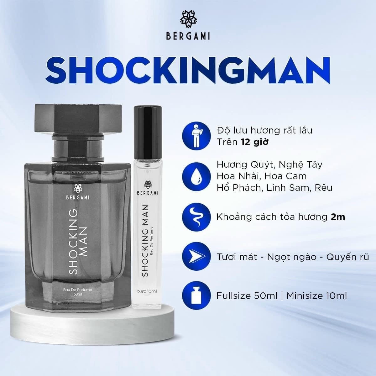 Nước Hoa Nam Thơm Lâu Bergami Shocking Man, Nước Hoa Chính Hãng Mùi Hương Nam Tính Mạnh Mẽ, Lưu Hương 6H 50ml/chai