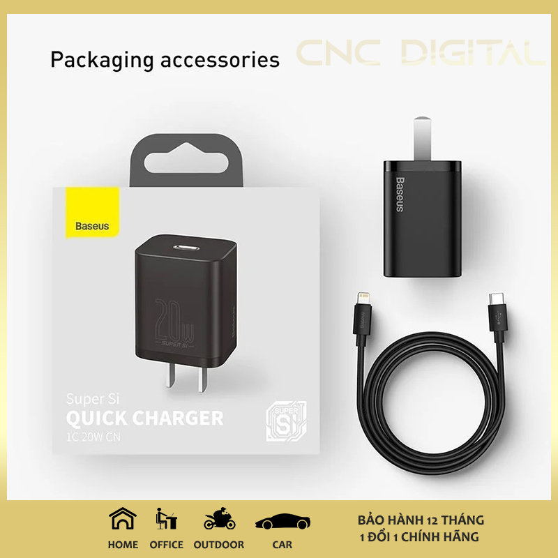 Bộ sạc nhanh Baseus Super Si cốc 1 cổng Type-C PD 20W nhỏ gọn tiện lợi kèm cáp tương thích với nhiều dòng iPhone/iPad, iPhone 11/iPhone 12 Pro Max, iPhone 13/13 Pro Max  ( 1m )