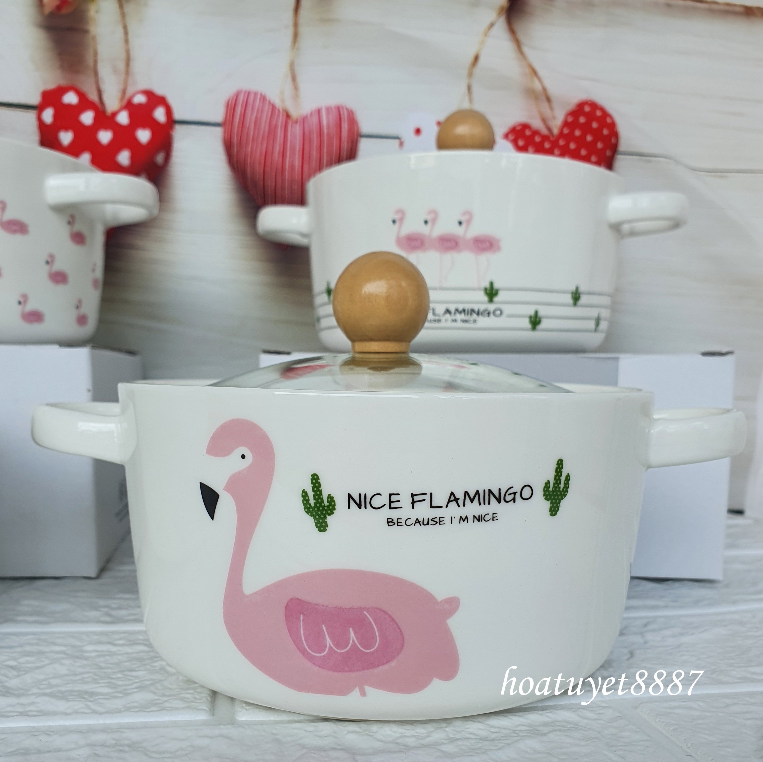 Tô ăn mì, Bát sứ có nắp, Bát ăn dặm cao cấp hình Hồng Hạc đẹp mắt có nắp thủy tinh