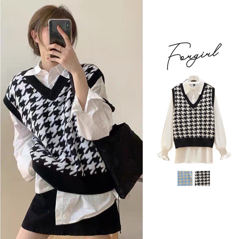 Áo gile kẻ caro vintage Forgirl áo không tay dáng xuông cá tính, Áo gile kẻ ziczac phong cách Hàn Quốc, Áo gile len kẻ phong cách Vintage, Áo gile nữ, Min Store