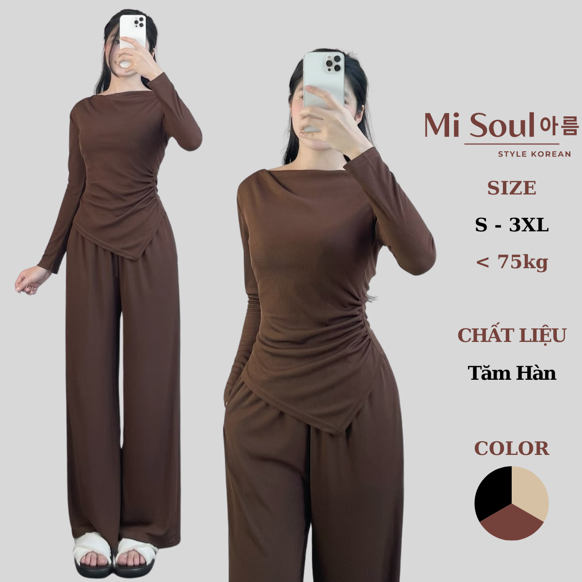 Set Bộ Nhún Eo Cổ Thuyền Dài Tay Kèm Quần Suông Dài BigSize MiSoul Set Bộ Cổ Thuyền Dài Tay 315