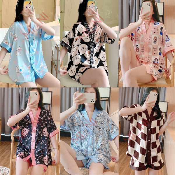 Bộ đồ ngủ nữ vải silk lạnh cổ chữ v quần short ngắn tay form rộng mát phù hợp mặc ở nhà