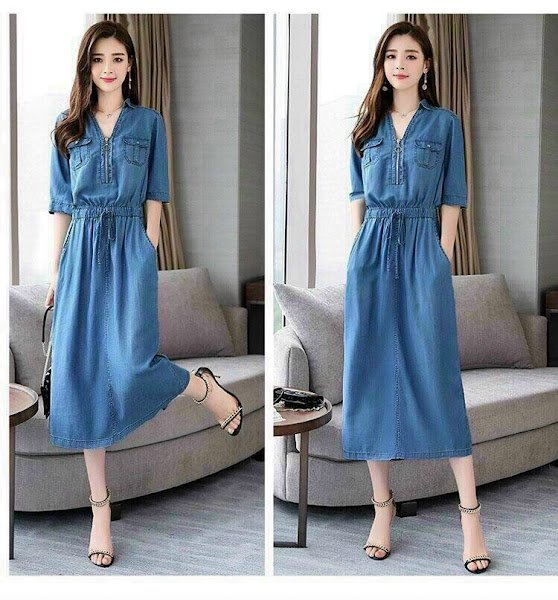 [HCM]ĐẦM JEAN XOÈ CỔ V PHỐI DÂY KÉO