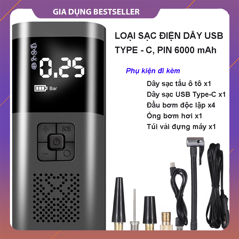Bơm lốp xe hơi đa năng mini nhỏ gọn có đồng hồ đo áp suất cổng sạc usb pin 6000 mah công suất 120w áp 150 psi
