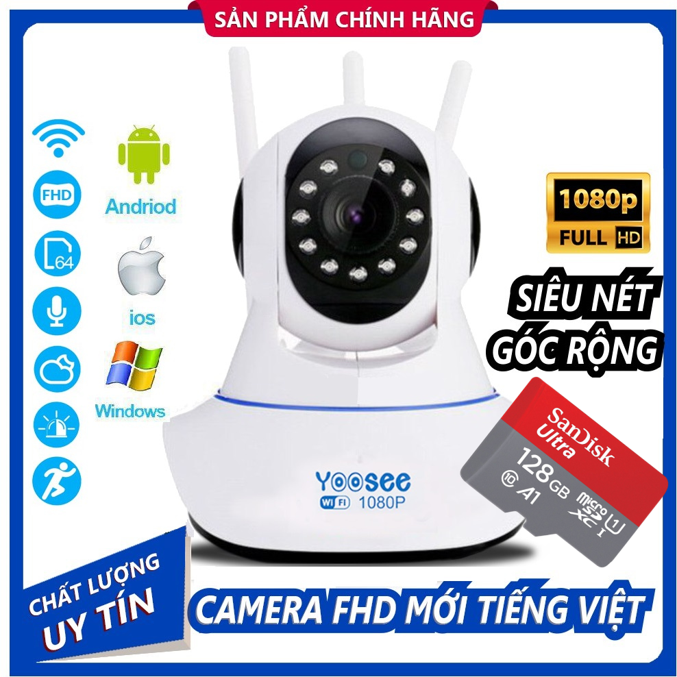 (Kèm Thẻ Cty 128Gb XỊN, Bảo Hành 5 Năm) Camera Wifi Không Dây , Camera wifi Yoosee 3 Râu 2.0Mpx Xoay 360 Độ Phân Giải Fullhd 1920 X 1080P(2.0MPX) Siêu Sắc Nét Quan Sát Ngày Đêm Ghi Âm Ghi Hình , camera Trong Nhà , camera ngoài trời
