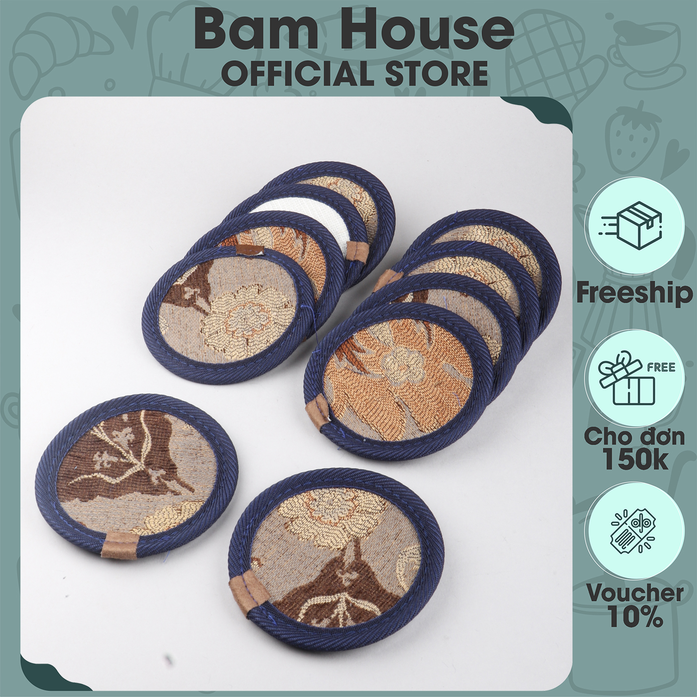 Set đế lót ly tròn vải nỉ Bam House 2 lớp chống trượt tiện lợi cao cấp LOL01 – Bam House