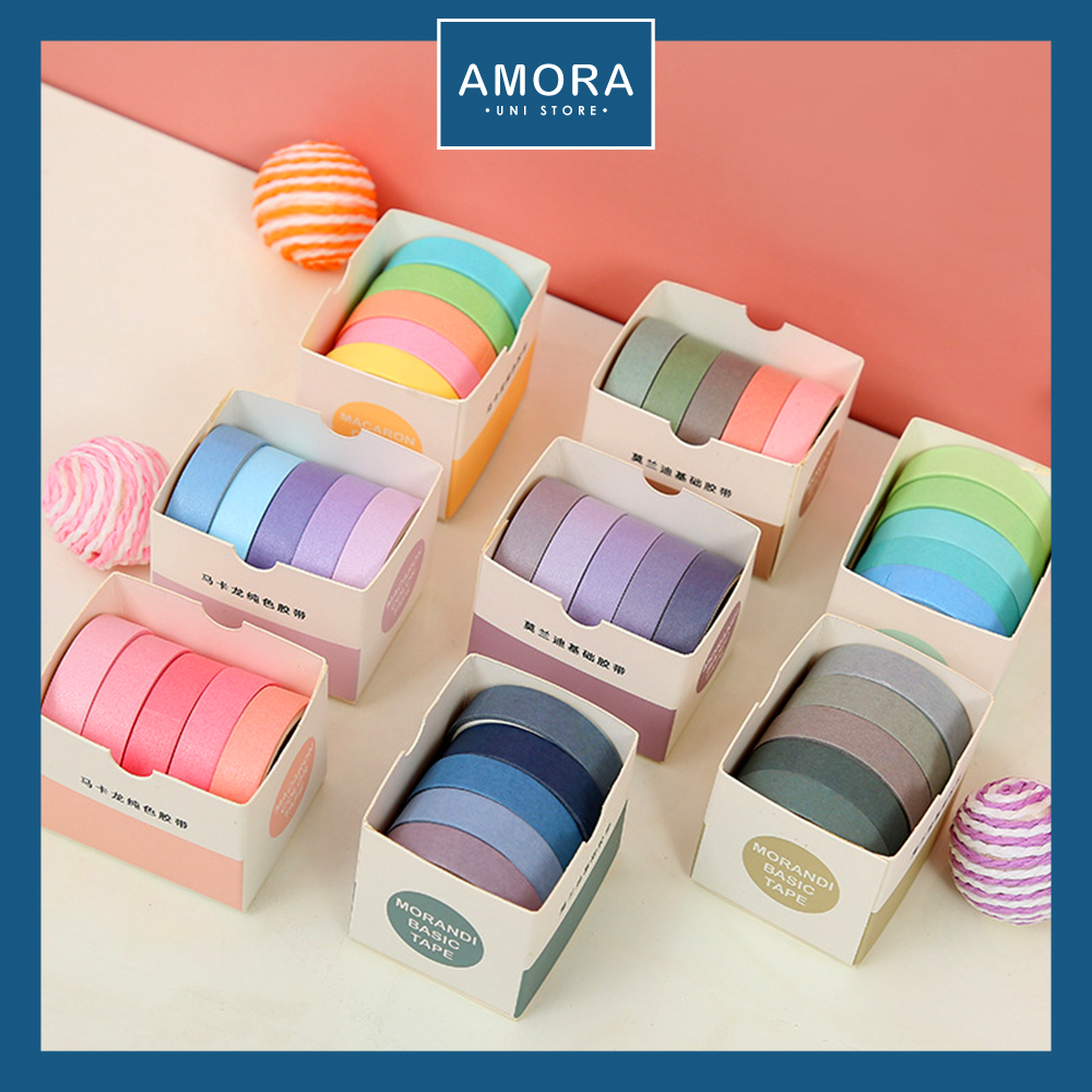 SET 5 cuộn giấy dán Washi Tape màu Pastel Simple Color siêu xinh, dán siêu dính cao cấp Nhật Bản - Amora UNI
