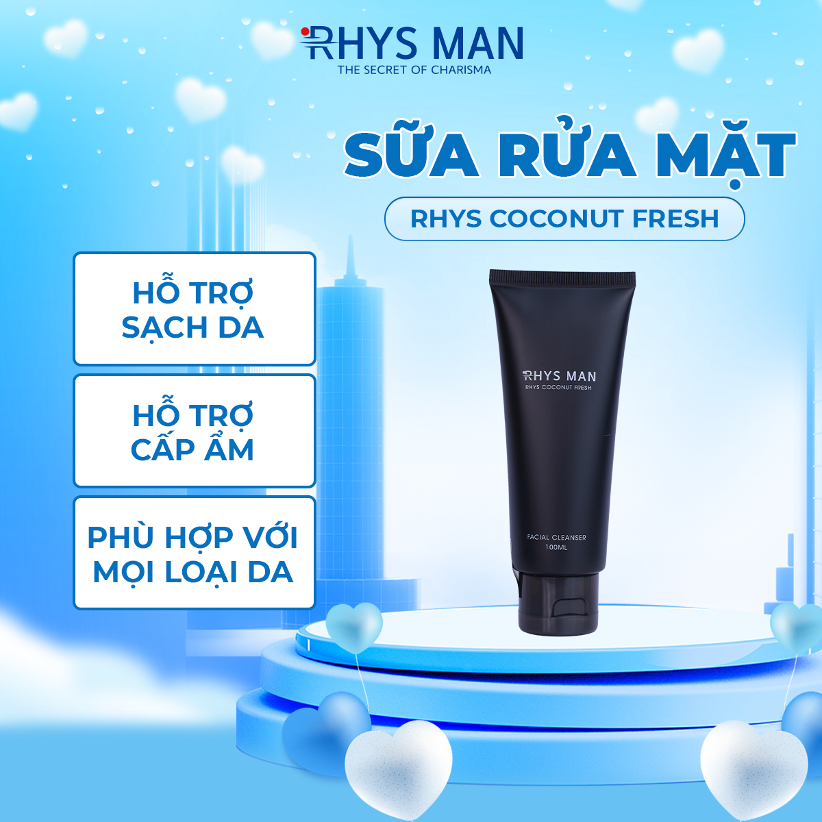 Sữa rửa mặt nam rhys man ngừa mụn rhys coconut fresh 100ml