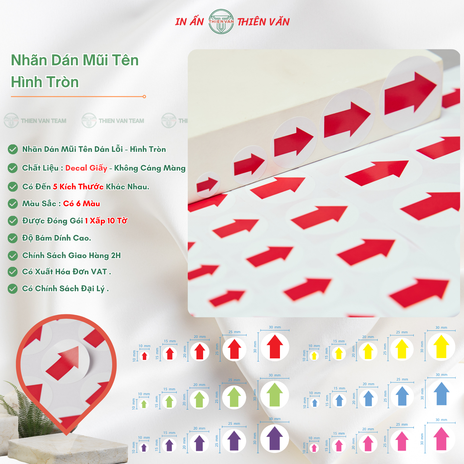 Decal nhãn dán phân biệt dán lỗi sản phẩm mũi tên - hình tròn - 6 màu - 5 size