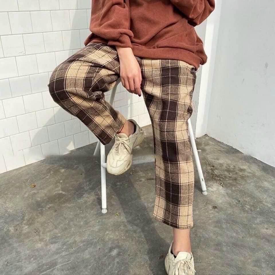Quần sớ kẻ caro ống rộng-Quần ống rộng kẻ caro unisex uzzlang
