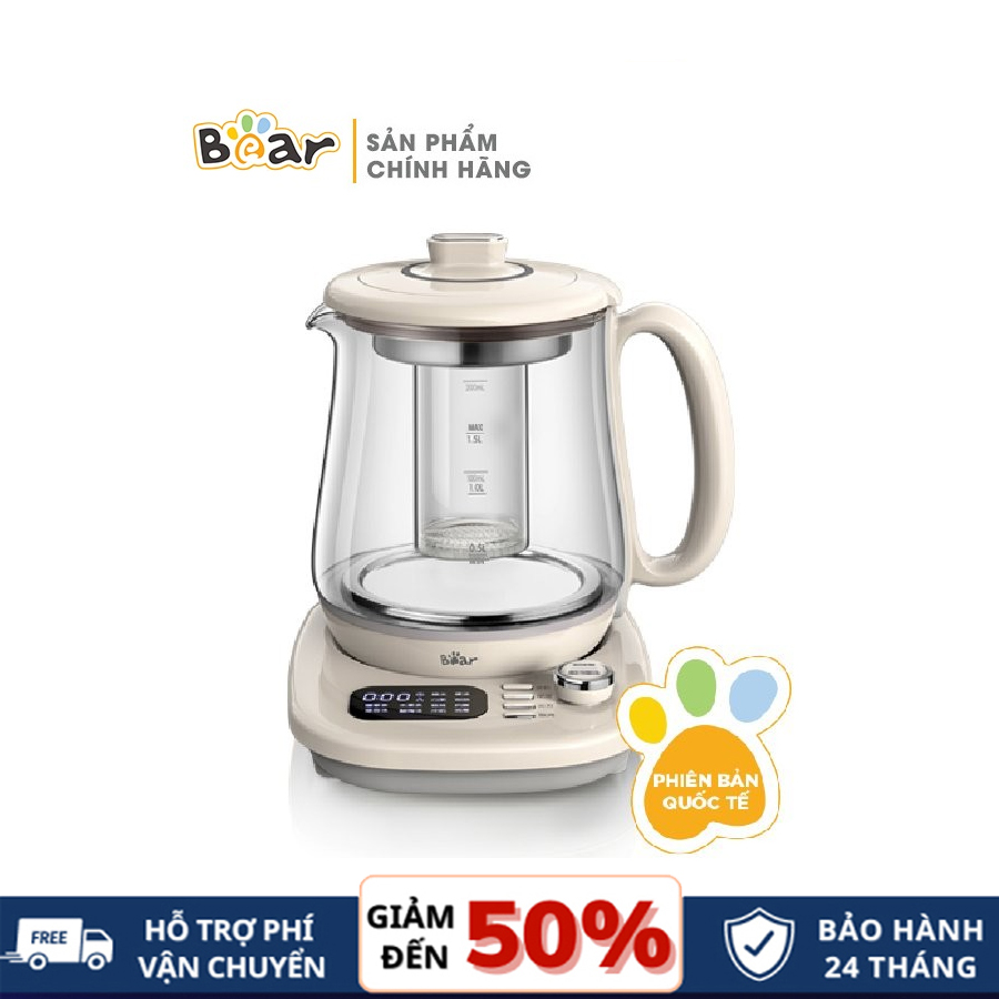 Máy pha trà tự động, máy pha cà phê, máy pha trà mini bear sube011 đa năng 12 chế độ nấu, chưng yến, đun nước, giữ ấm thông minh, cao cấp mới- dung tích 1.5l, bảng điều khiển điện tử, chất liệu thủy tinh + silicon cao cấp, bh 12 tháng