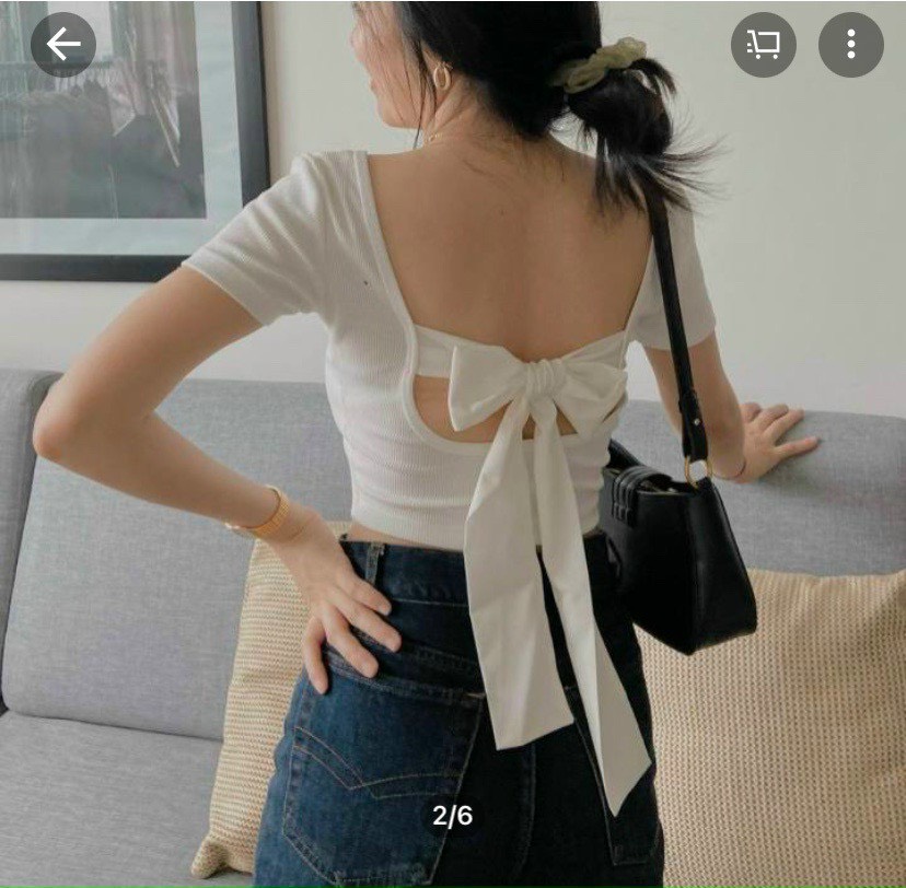 Áo thun gân cột nơ lưng croptop cổ vuông