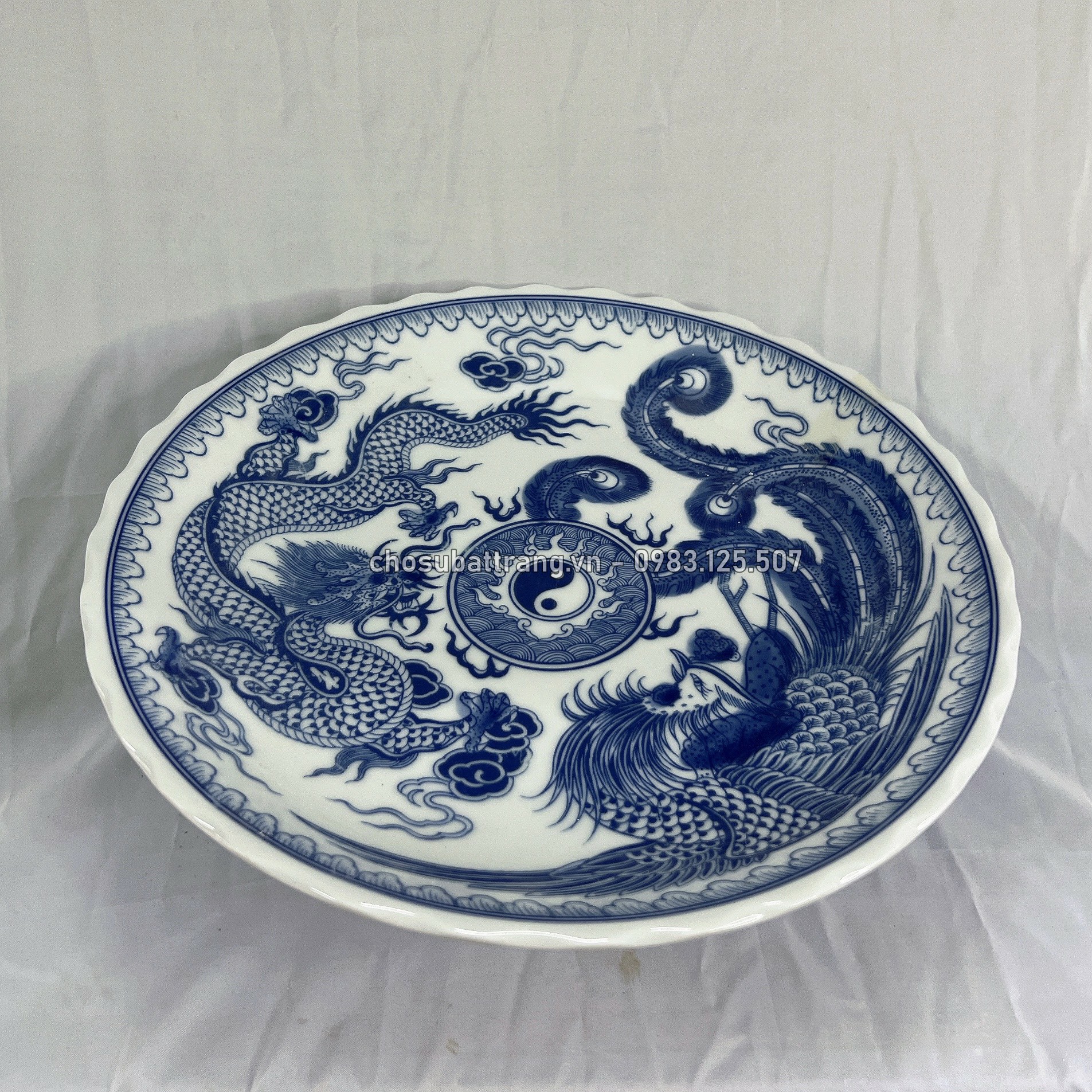 Đĩa đựng hoa quả men xanh lam (long phượng) - đồ thờ cúng