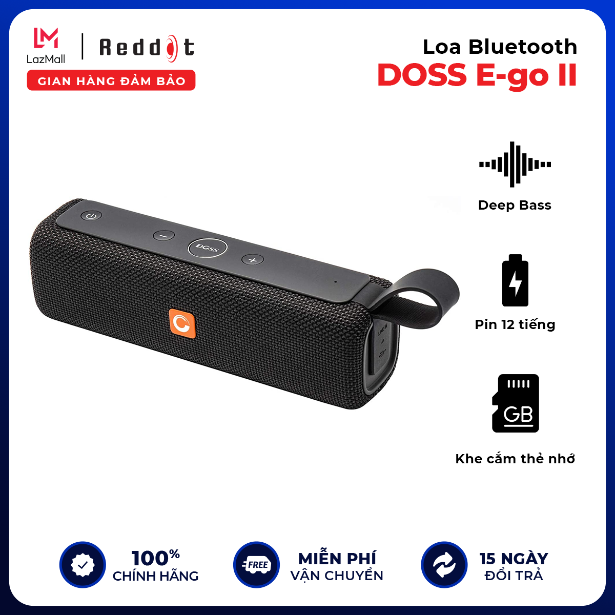 Loa bluetooth doss e-go ii công suất 12w, pin 12h, chống nước ipx6, aux 3.5mm, thẻ nhớ sd - hàng chính hãng - reddot mall