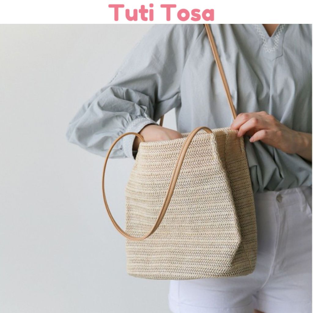 Túi cói xô đi biển dây da lót vải