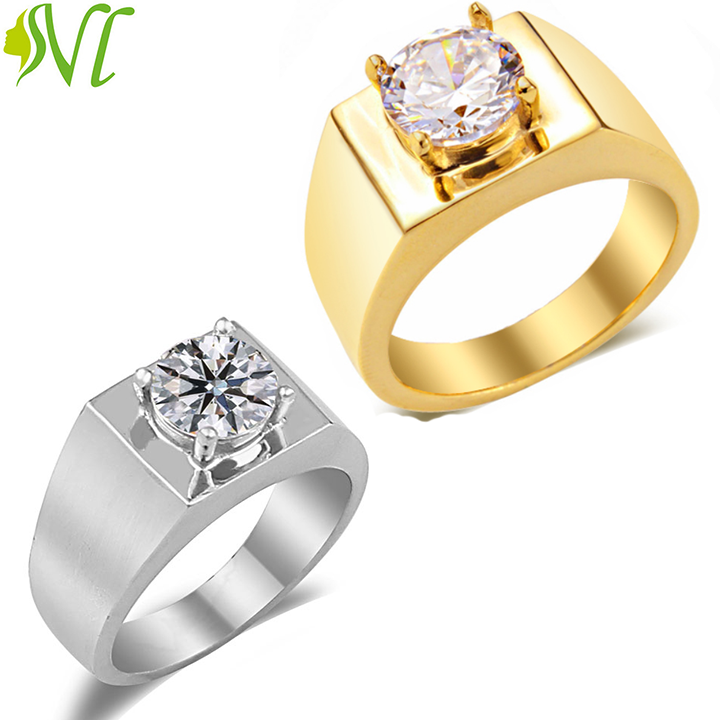 Nhẫn Titan  nam trơn 1 hột mạ vàng đính xoàn sáng không đen