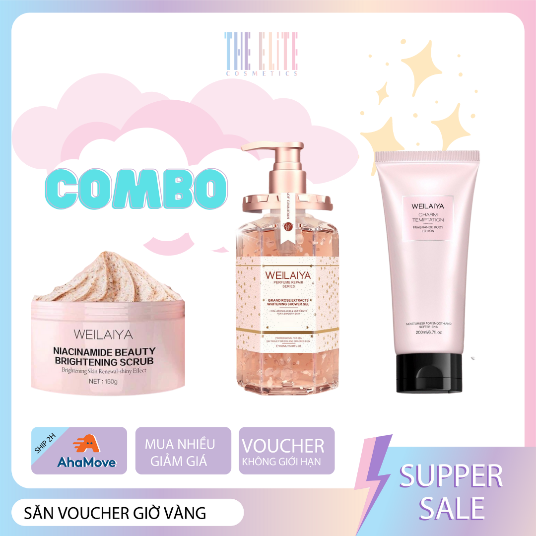 Combo sữa tắm cánh hoa hồng Damask bodylotion hương nước hoa và tẩy tế bào chết Weilaiya