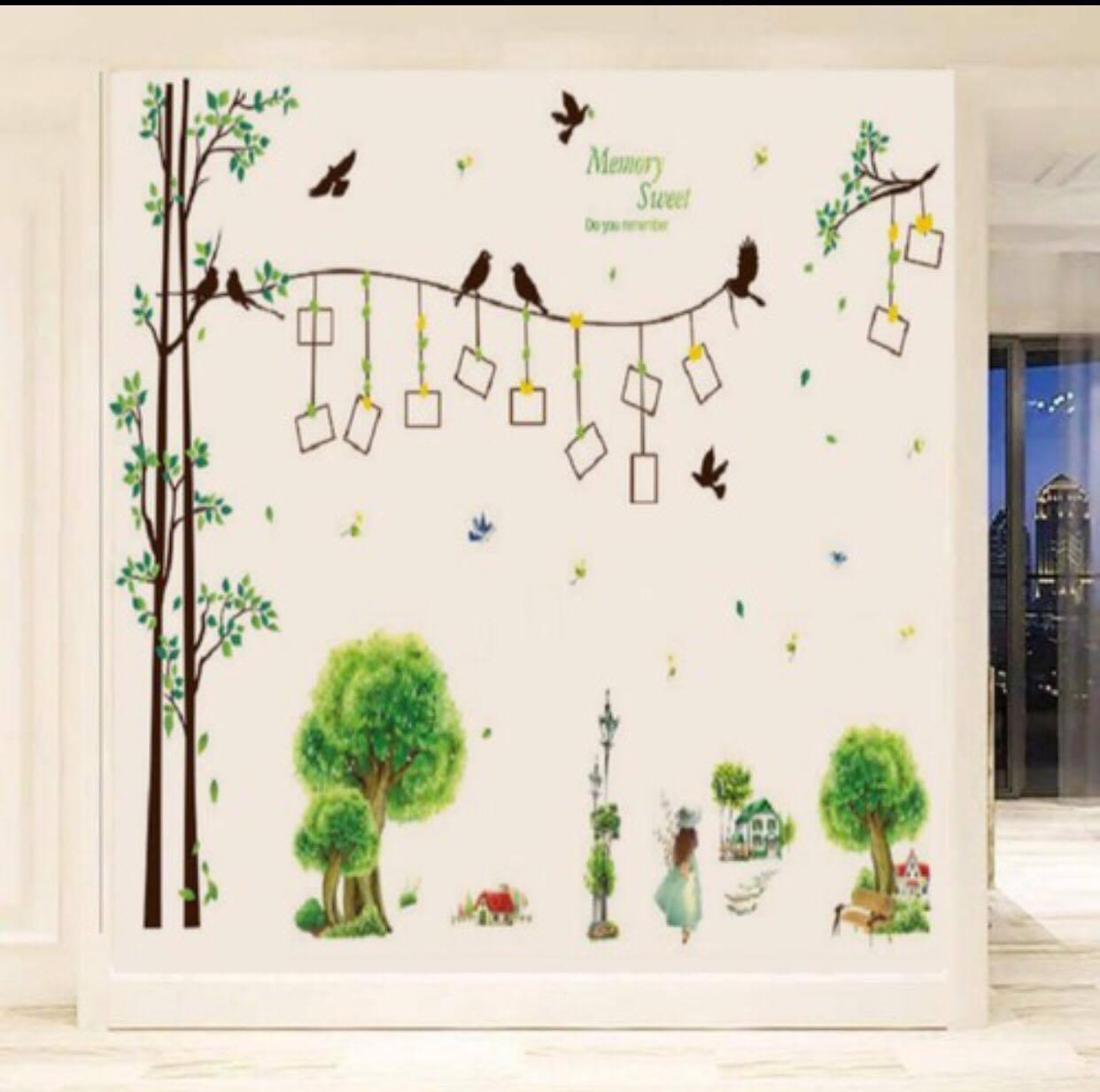 Combo 2 bức decal dán tường cây khung ảnh và mẫu làng quê