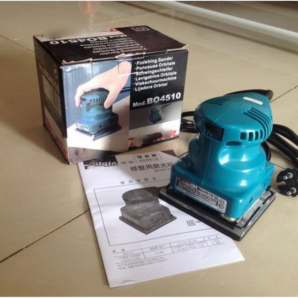 Máy chà nhám rung vuông mkt bo4510 làm bóng ác bề mặt, có kẹp đĩa và giấy nhám có kích thước lớn, chịu lực tốt, chống biến dạng