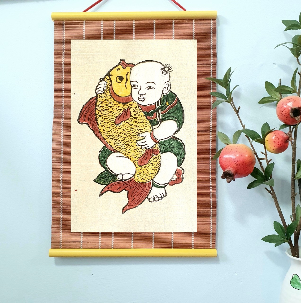 Little Boy Holding Carp - Dong Ho folk woodcut painting
