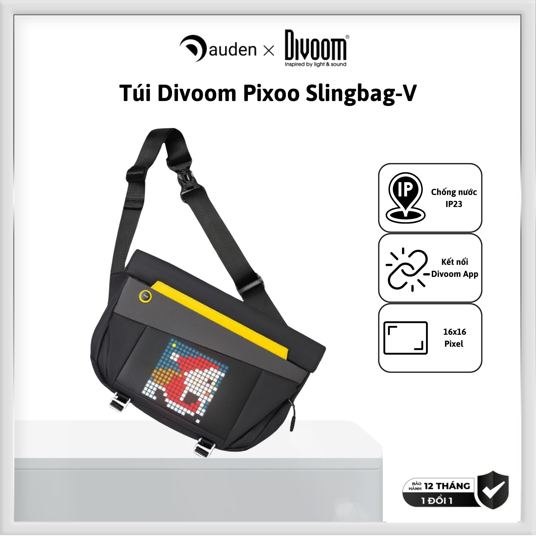 Túi đeo chéo DIVOOM Pixoo Slingbag-V hiển thị màn hình LED, có thể đựng Laptop/iPad 11 inch - Hàng chính hãng