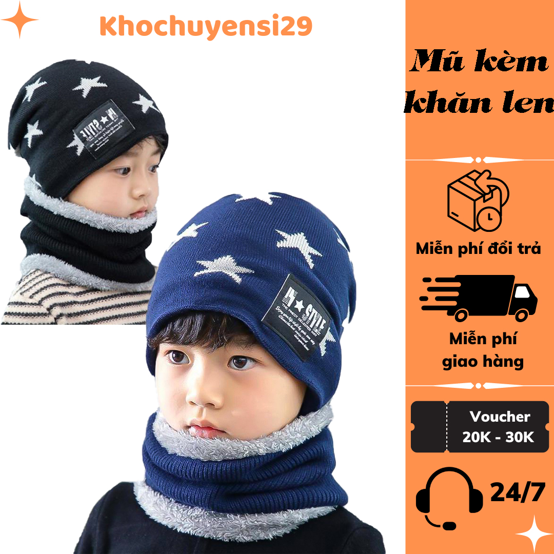 Sét khăn mũ khăn lót lông ngôi sao cho bé mũ khăn quảng cổ họa tiết  lót lông mềm mại  cho bé trai gái 3-9 tuổi
