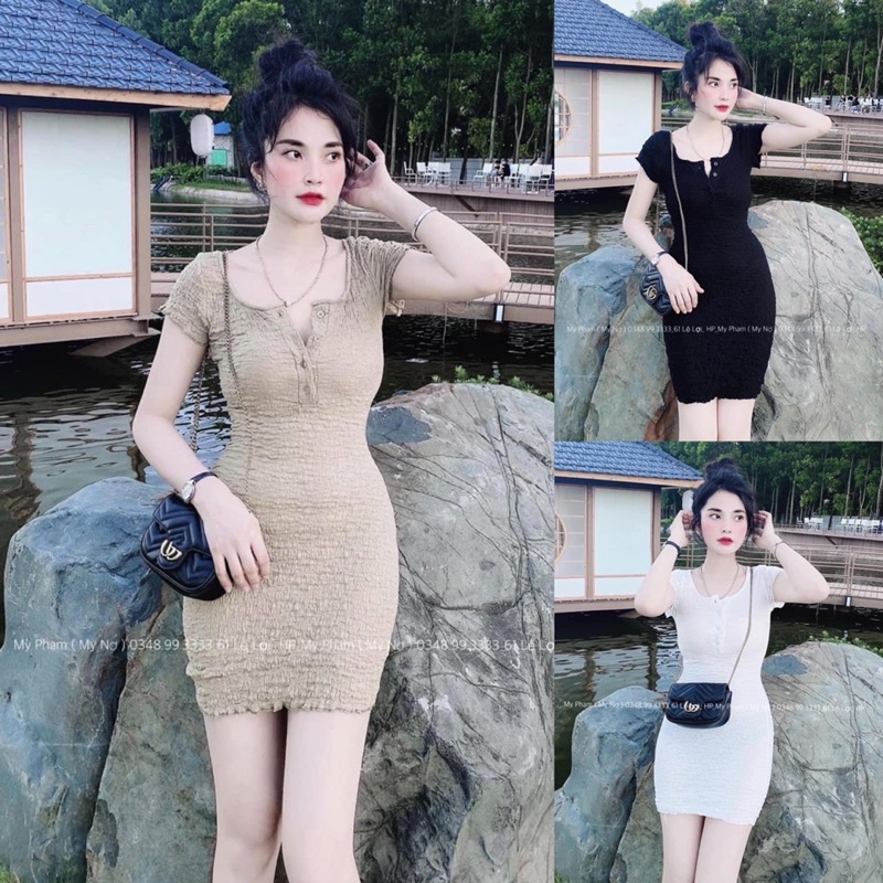 Váy body xốp nhăn tay cộc sexy 4 màu có ảnh thật kèm
