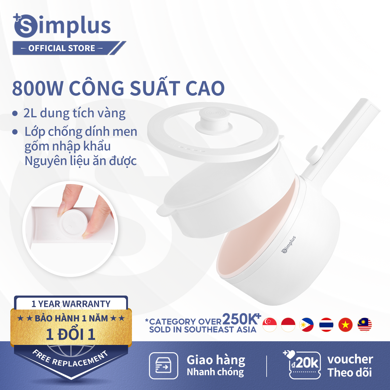 Nồi điện đa năng Simplus 1.5L, Nồi lẩu mini tiện lợi, lớp chống dính tráng men, công suất 600W điều chỉnh nhiệt độ hai mức độ, tay cầm dài tiện lợi