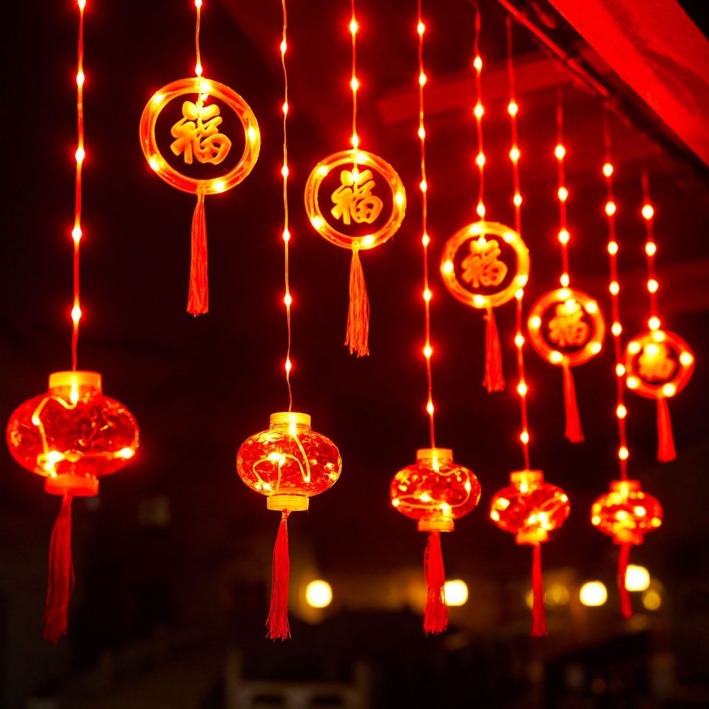 Đèn led rèm - lồng đèn đỏ may mắn chữ phúc trang trí lễ tết