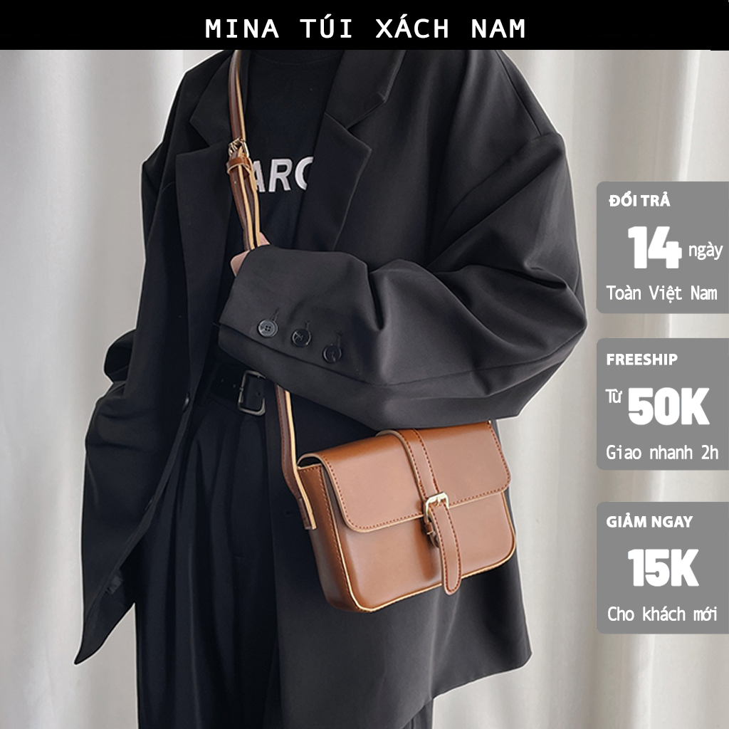Túi đeo chéo nam da trơn cặp chữ nhật Messenger Túi da cứng thời trang Hàn Quốc Trung Quốc ulzzang MINA1758