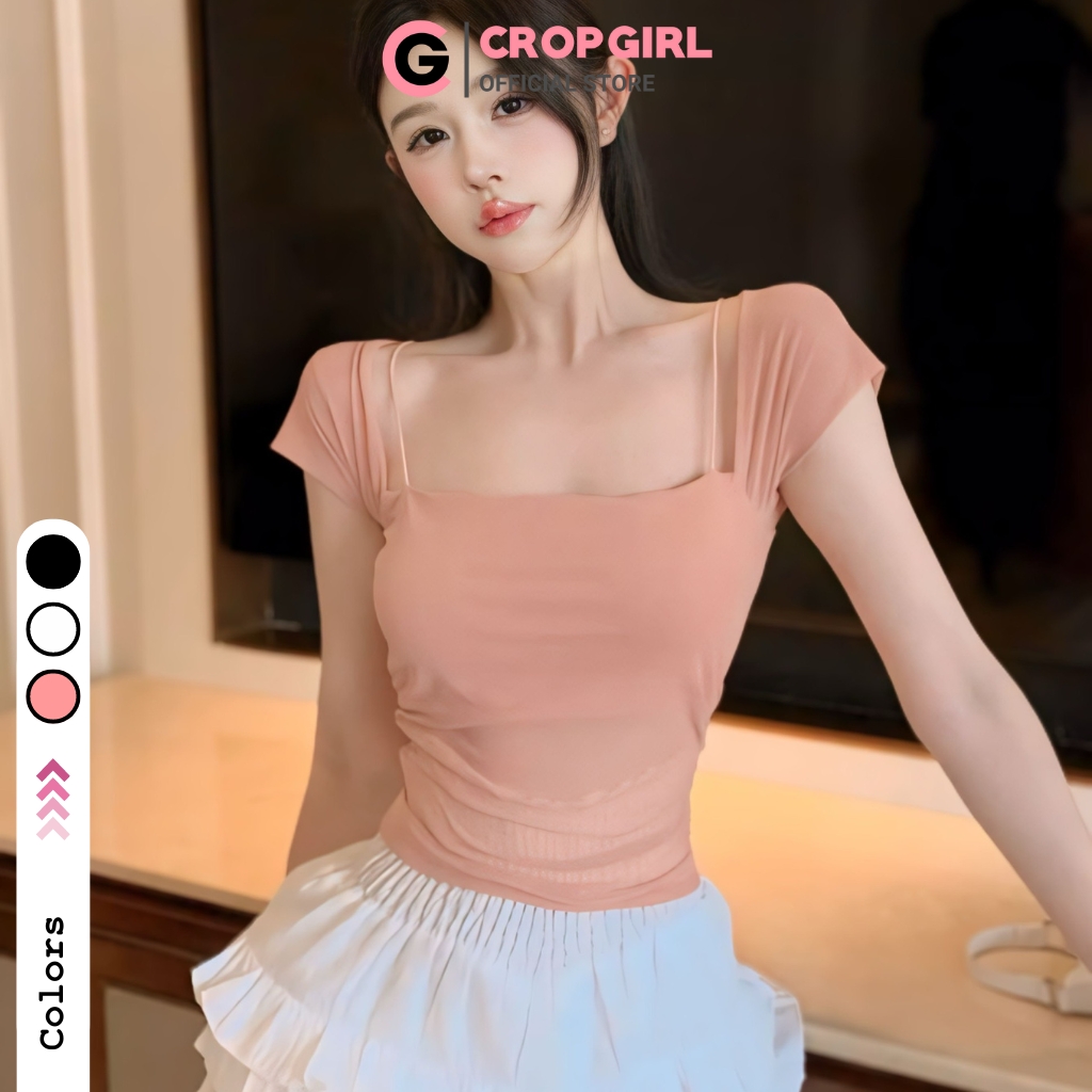 Áo lưới nữ tay ngắn CROPGIRL phối dây mặc được 2 kiểu trễ vai màu hồng pastel áo kiểu ôm body tôn dáng C8