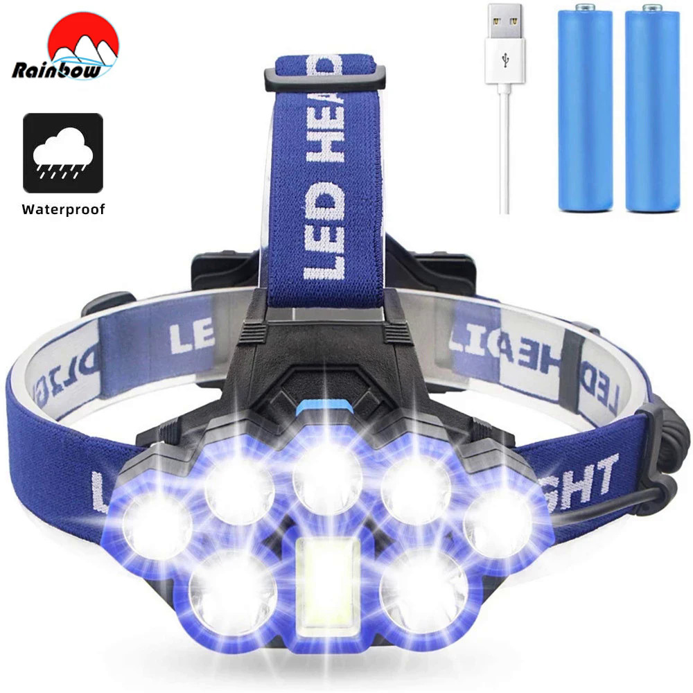 8000 Lumens Mạnh Mẽ T6 Đèn Pha 6 Chế độ Đèn Pha Với 7 * LED Bóng Đèn USB Có Thể Sạc Lại Không Thấm Nước Ngoài Trời Đầu Ánh Sáng Cho Săn Cá