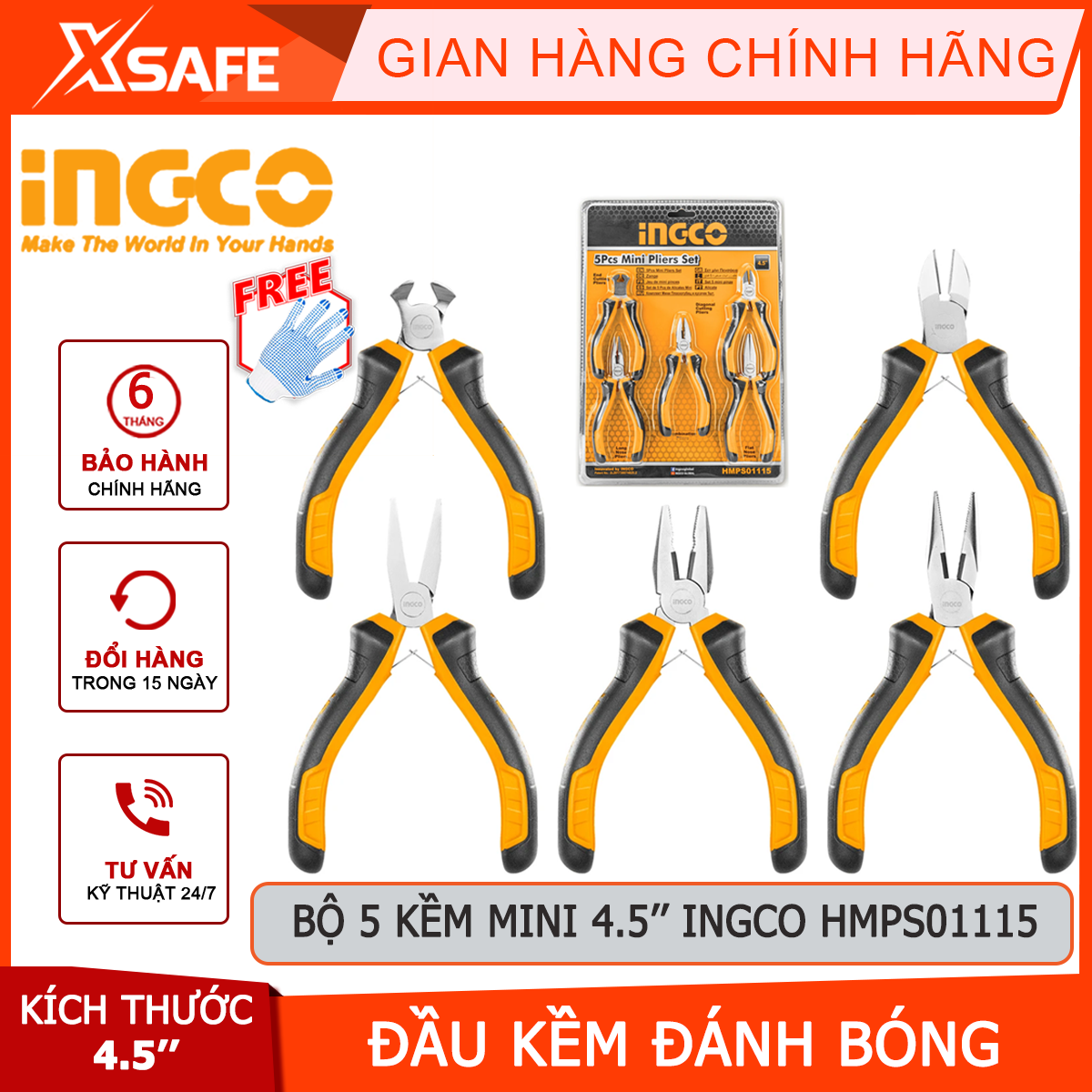 Bộ 5 kìm mini ingco hmps01115 | kìm mũi kim hỗ trợ cắt dây, kẹp đai ốc, cắt viền, kẹp dây uốn