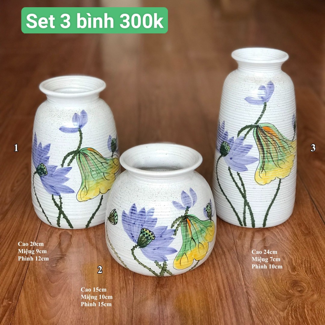 Bình hoa bát tràng vẽ hoạ tiết các cảnh, set bình gốm men mát bát tràng gth112