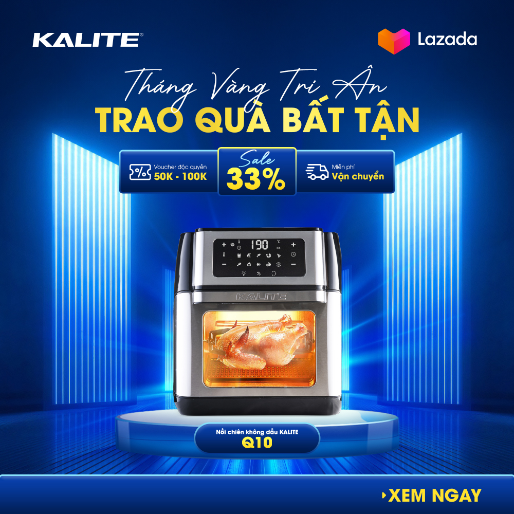 Nồi chiên không dầu Kalite Q10, công suất 1800W, dung tích 10L, thiết kế tinh tế với màn hình cảm ứng LCD và 10 chức năng nấu ăn chuyên sâu, thao tác dễ dàng, an toàn sử dụng, bảo hành chí