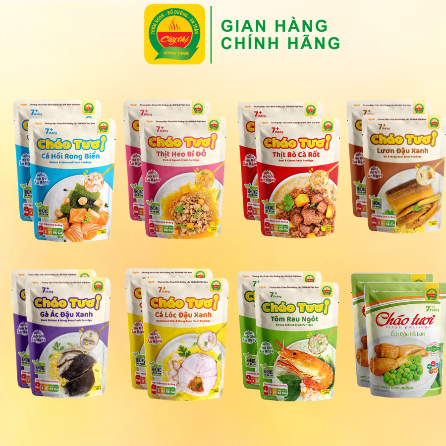 Combo 16 gói cháo tươi cây thị: 2 gà ác đậu xanh, 2 tôm rau ngót, 2 thịt bò, 2 thịt heo, 2 cá lóc, 2 ếch đậu hà lan, 2 cá hồi, 2 lươn đậu xanh