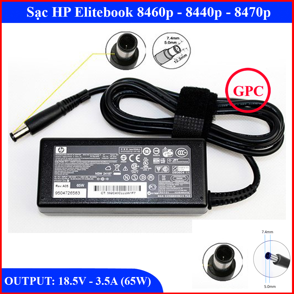 Sạc laptop hp elitebook 8460p - 8440p - 8470p - 8460 - 8440 - 8470 output 18.5v - 3.5a chân kim to kích thước φ7.4mmx5.0mm