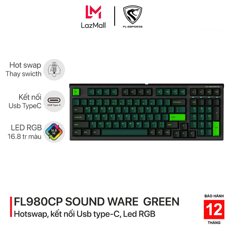 Bàn phím cơ chơi game có dây FL-Esports FL980CP Sound Wave Green - Kết nối Usb Type-C - Led RGB - Kailh Box switch