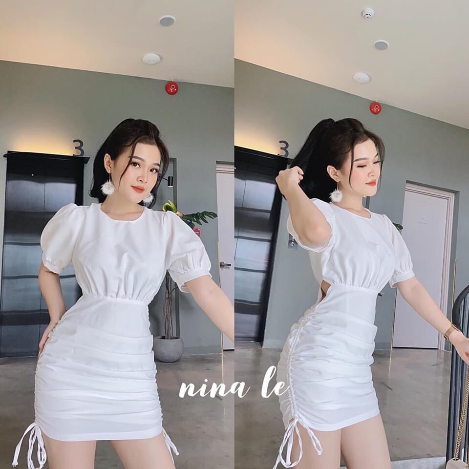 Đầm body rút dây hai bên eo tay phồng