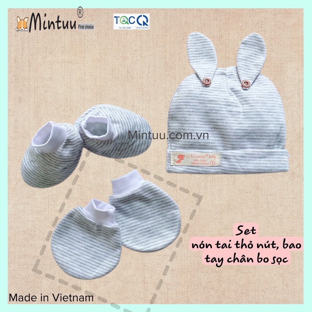 Set Mũ nón tai thỏ kèm bao tay bao chân bo sọc 100% cotton sơ sinh Mintuu
