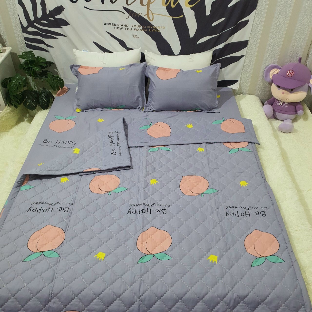 Bộ Chăn Ga Gối Cotton Poly Đào Tím , Chất Liệu Thoáng Mát , Kích Cỡ Đa Dạng , By. Gòn