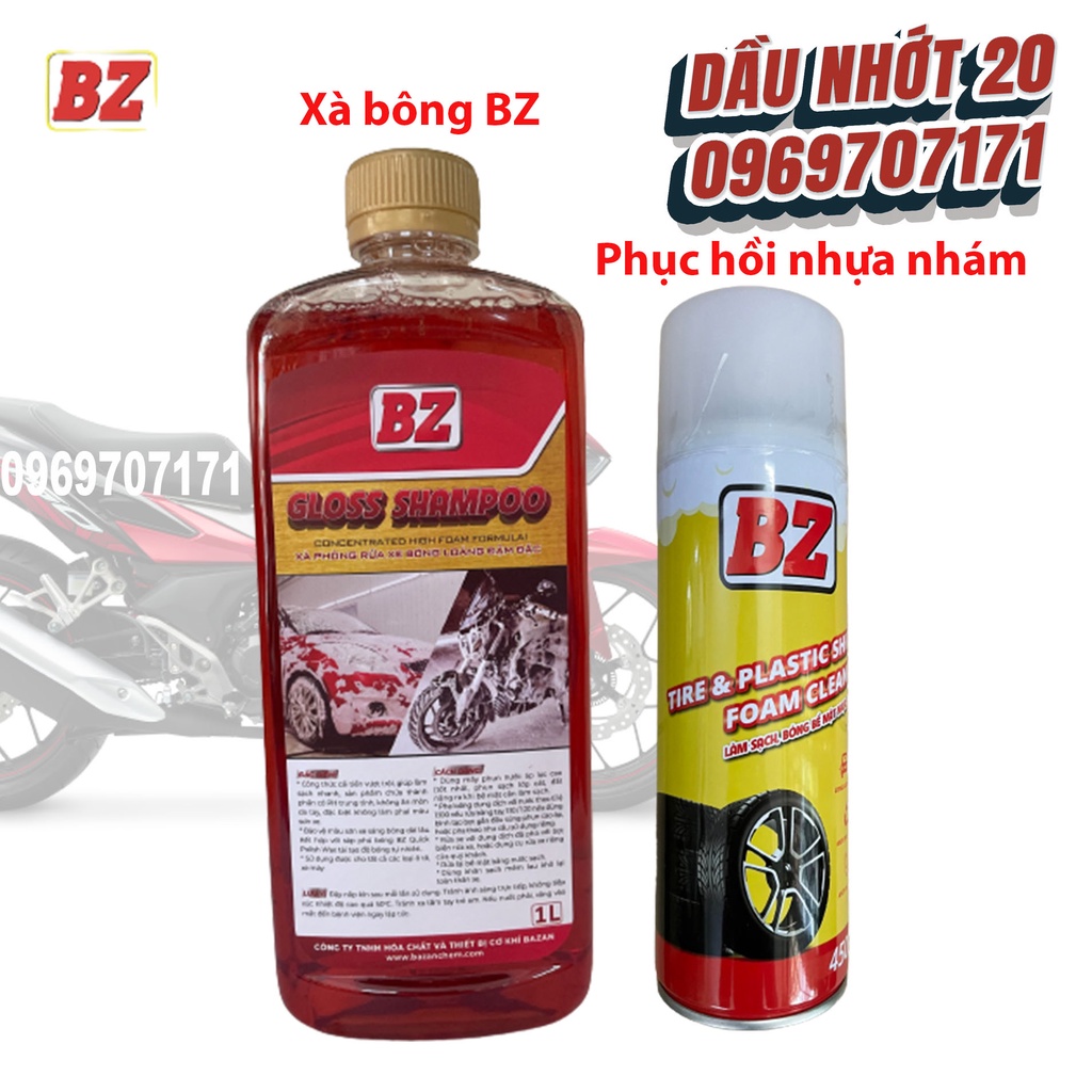 Bộ làm sạch mới xe gồm Xà bông BZ nước rửa xe Gloss Shampoo và Phục hồi nhựa nhám BZ